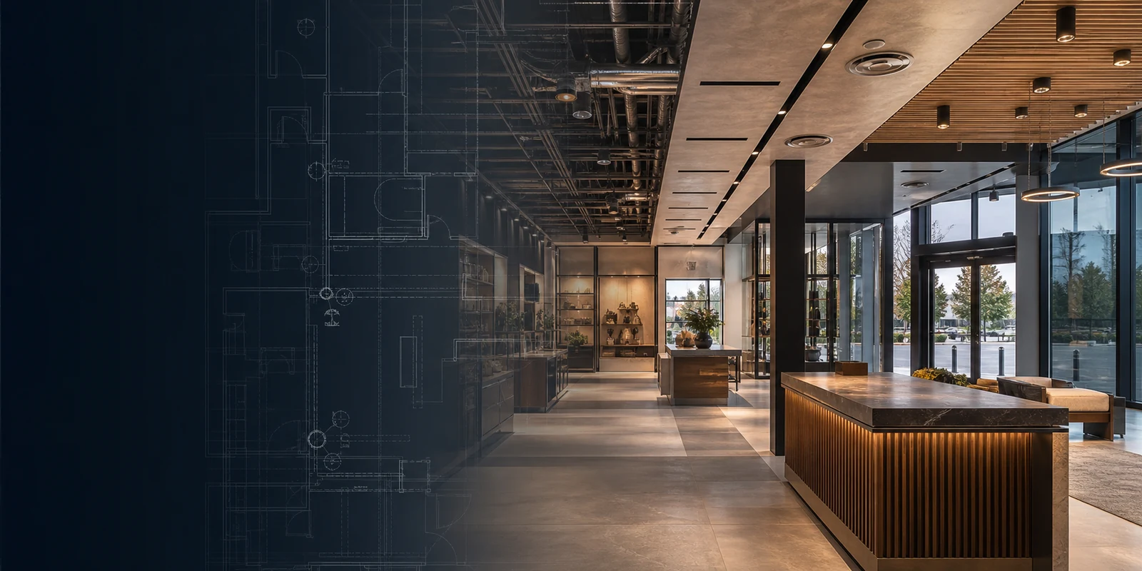 Premium contemporary retail interior with coordinated architectural and MEP drawing overlays