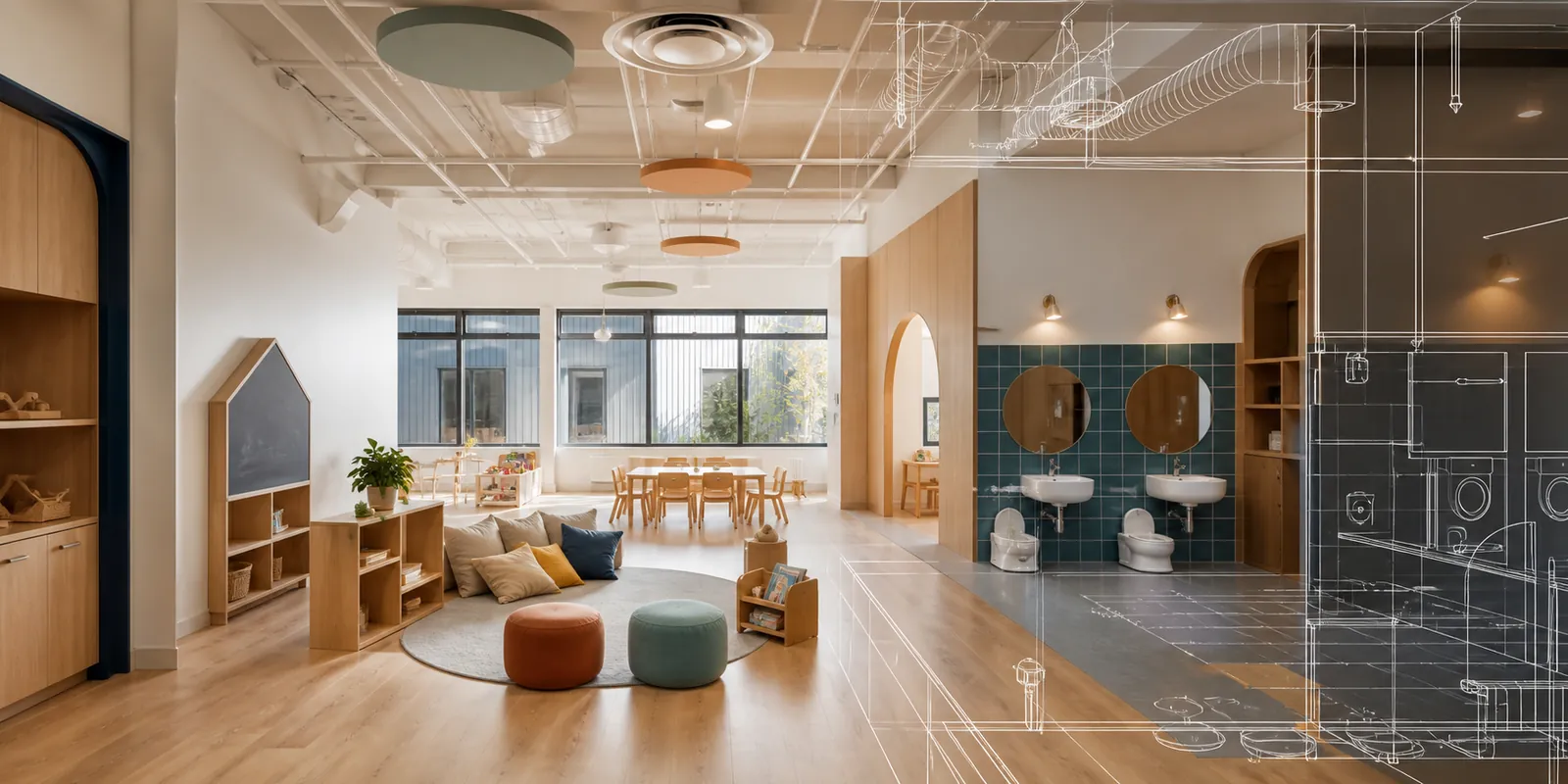 Premium childcare interior with coordinated ventilation, lighting, plumbing and architectural blueprint overlay