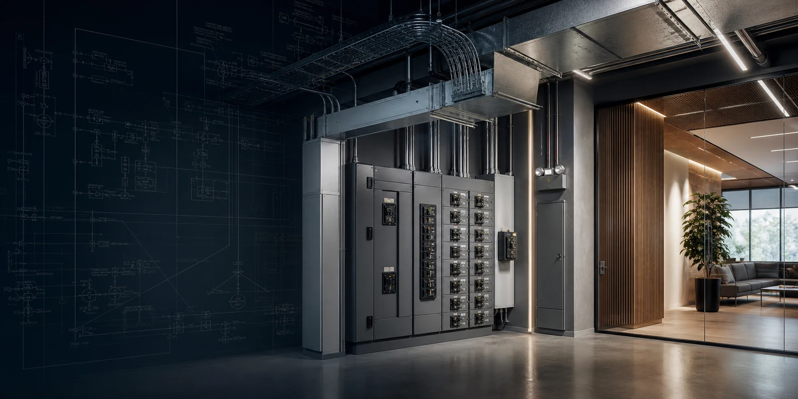 Premium commercial electrical room with coordinated switchgear, distribution, lighting and electrical drawing overlay