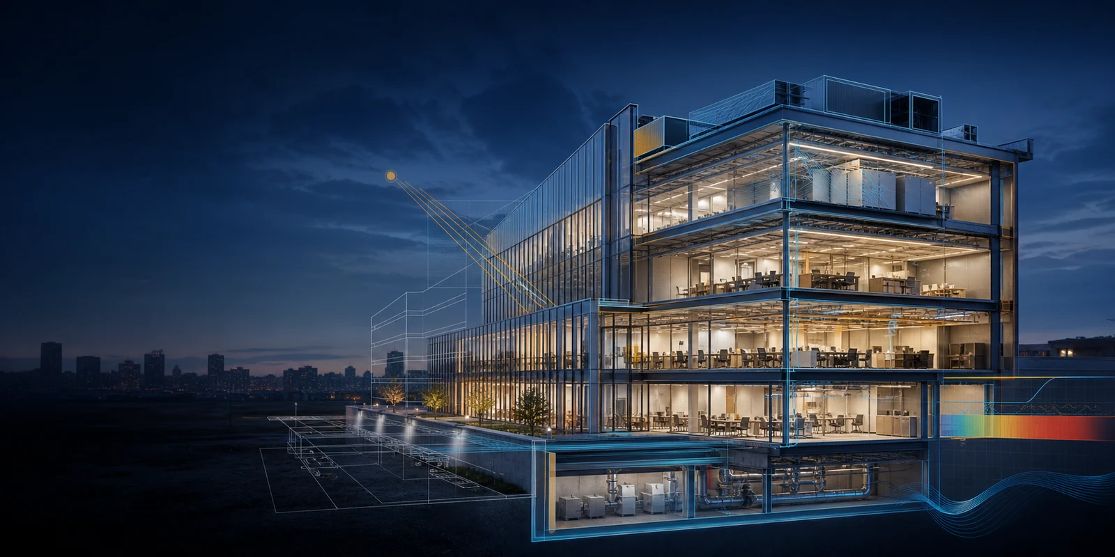 Premium commercial building energy model with envelope, mechanical systems and performance overlays
