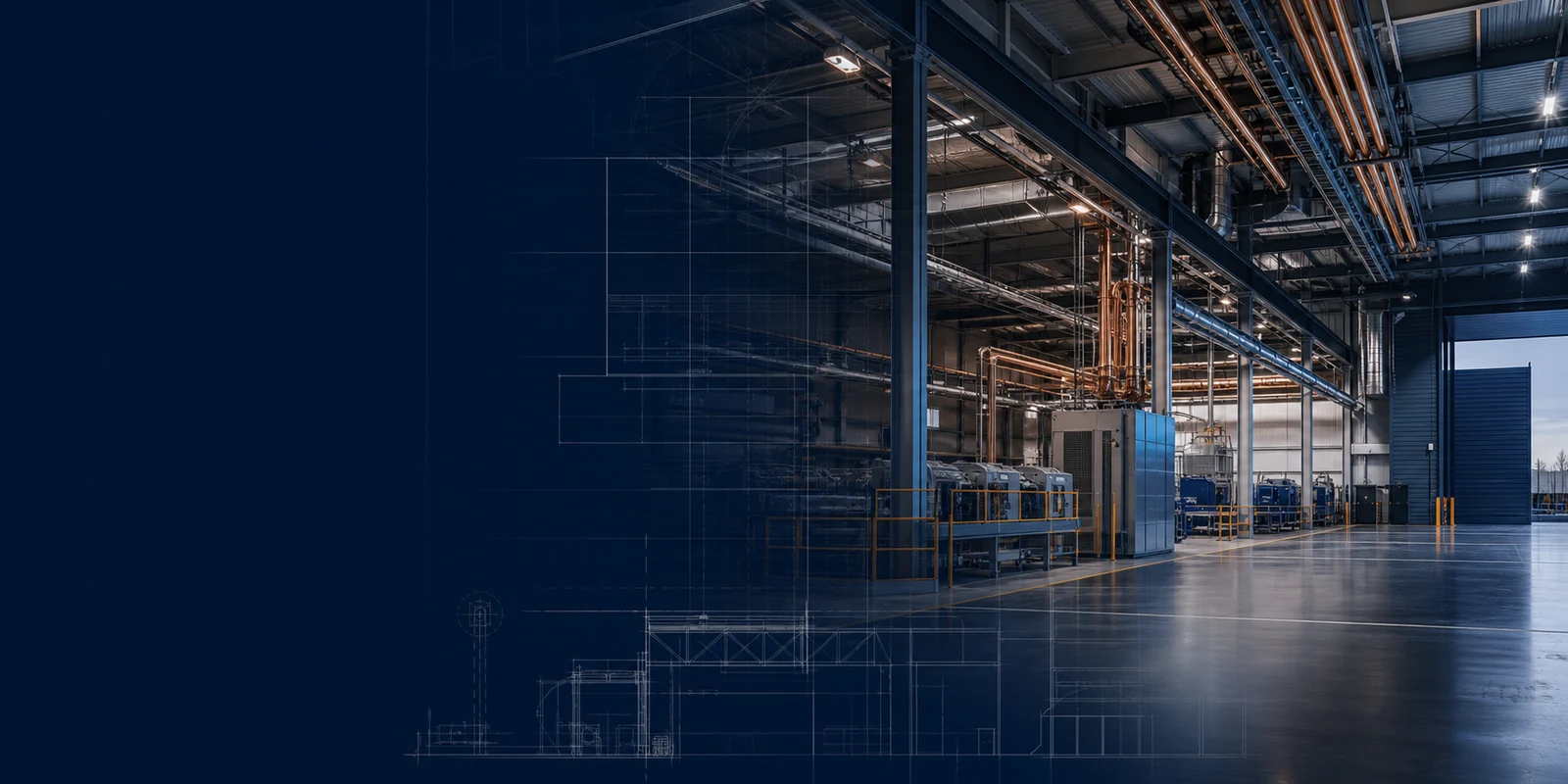 Premium modern industrial facility with coordinated structural and MEP engineering overlays