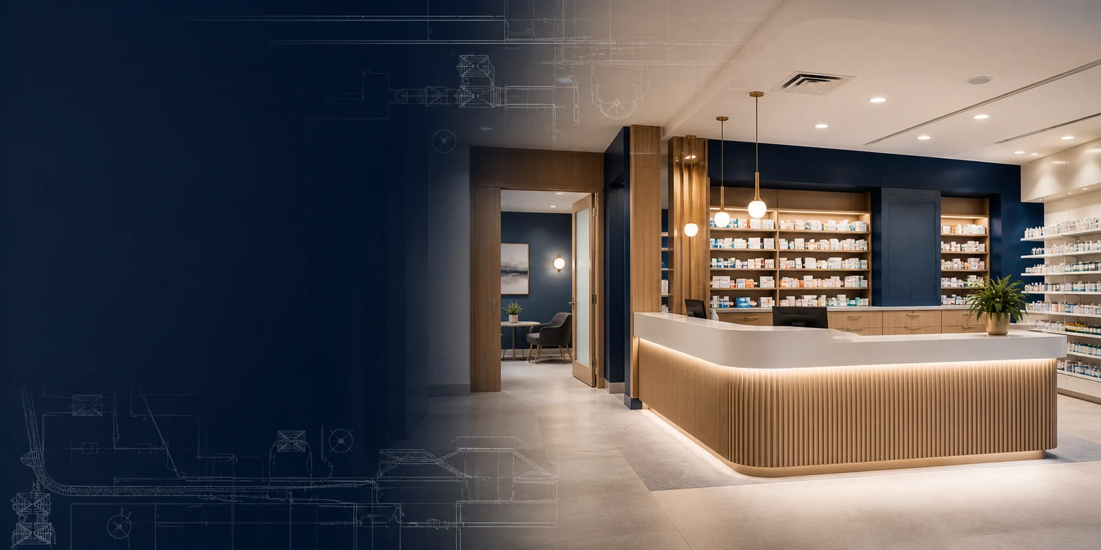 Premium modern pharmacy and medical consultation interior with coordinated building-service overlays