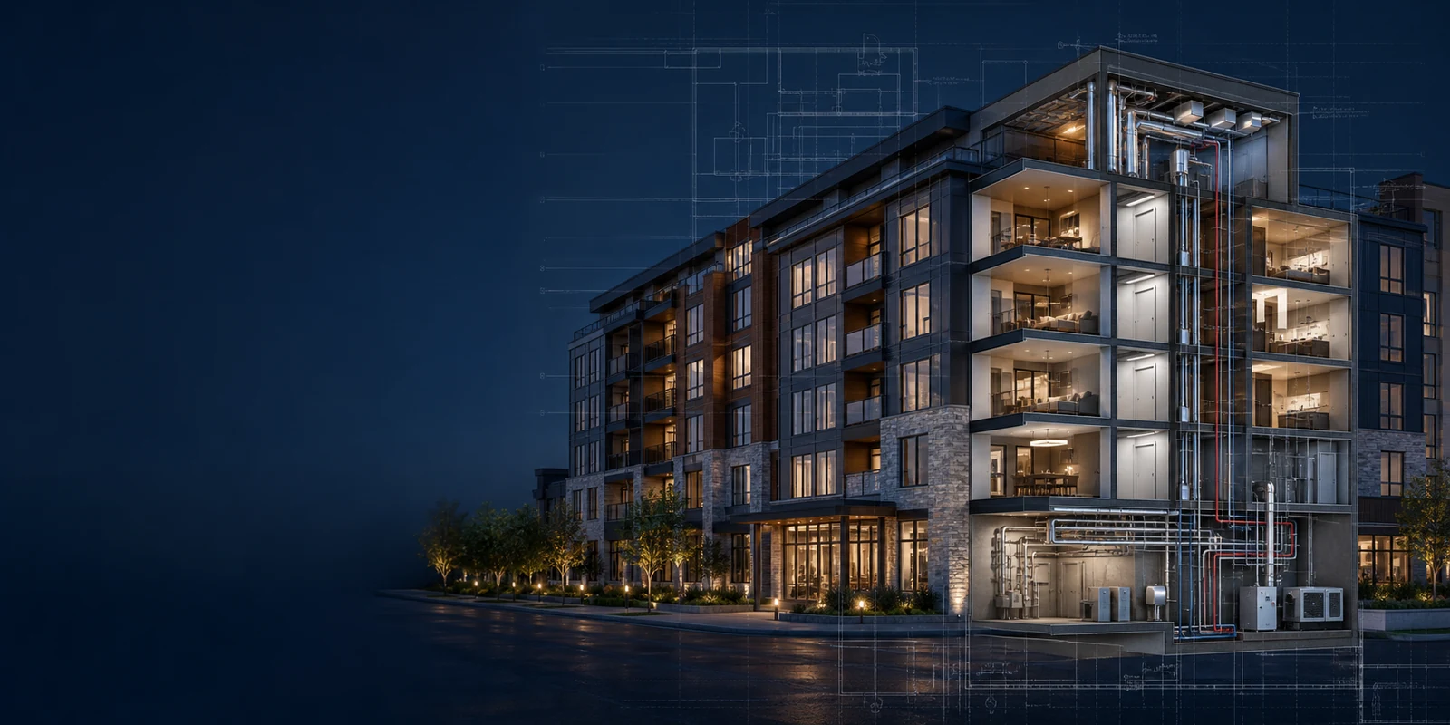 Premium multi-family residential building cutaway with coordinated structural and MEP systems