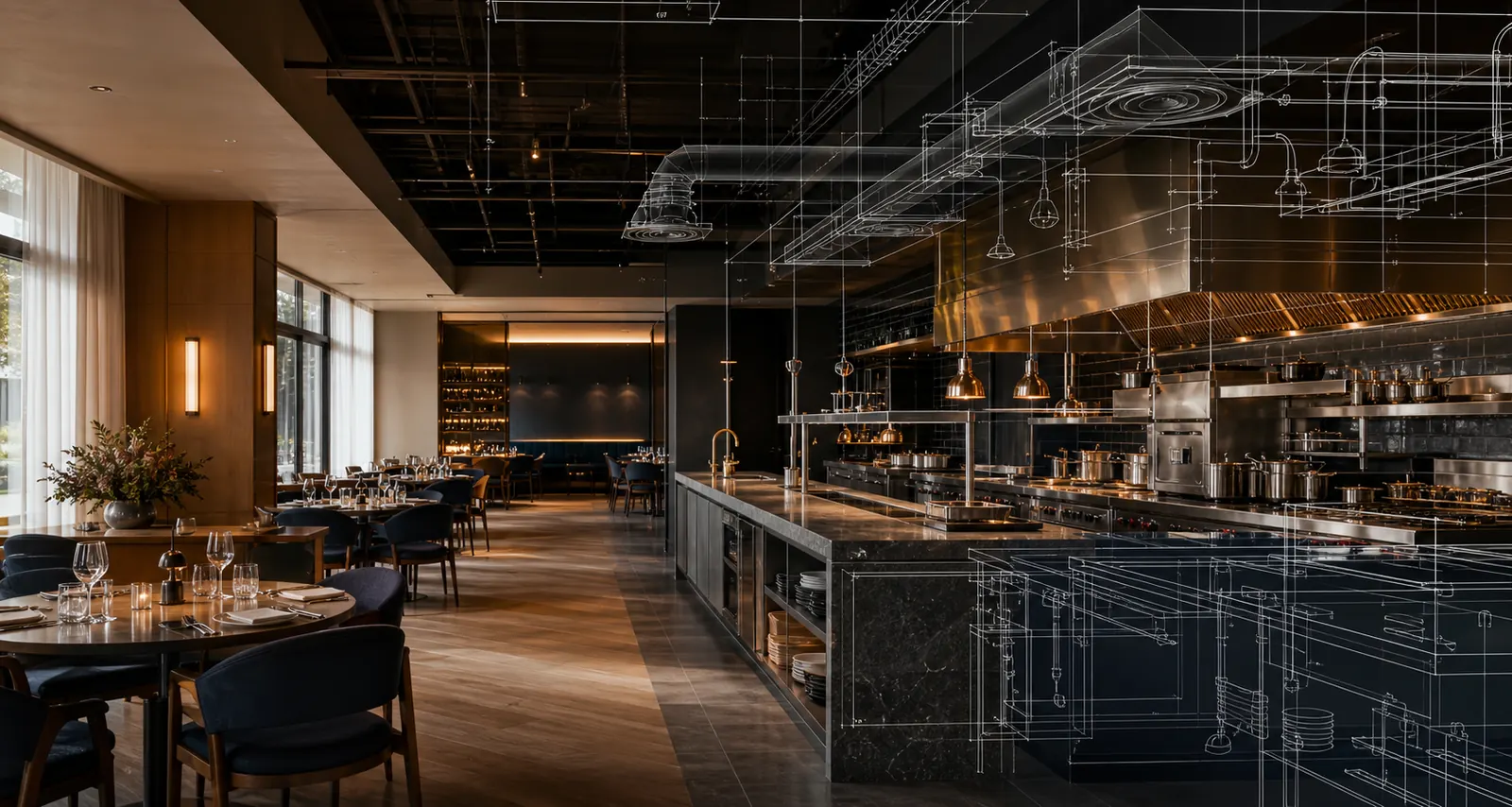 Premium restaurant interior with coordinated kitchen, HVAC and building-system blueprint overlay