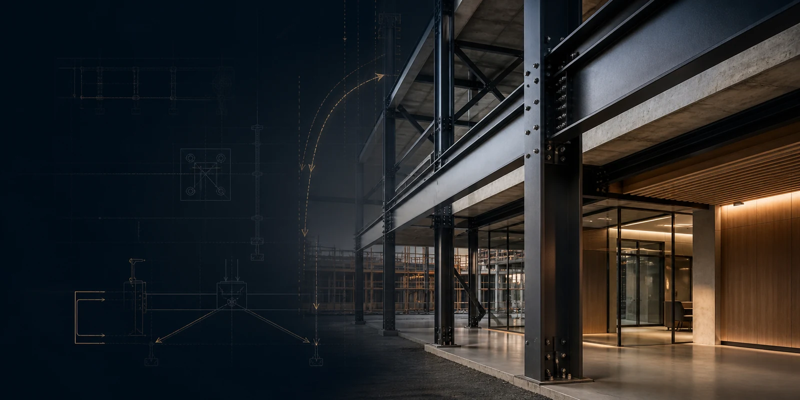 Premium commercial steel and concrete building structure with coordinated framing, load paths and structural drawing overlay