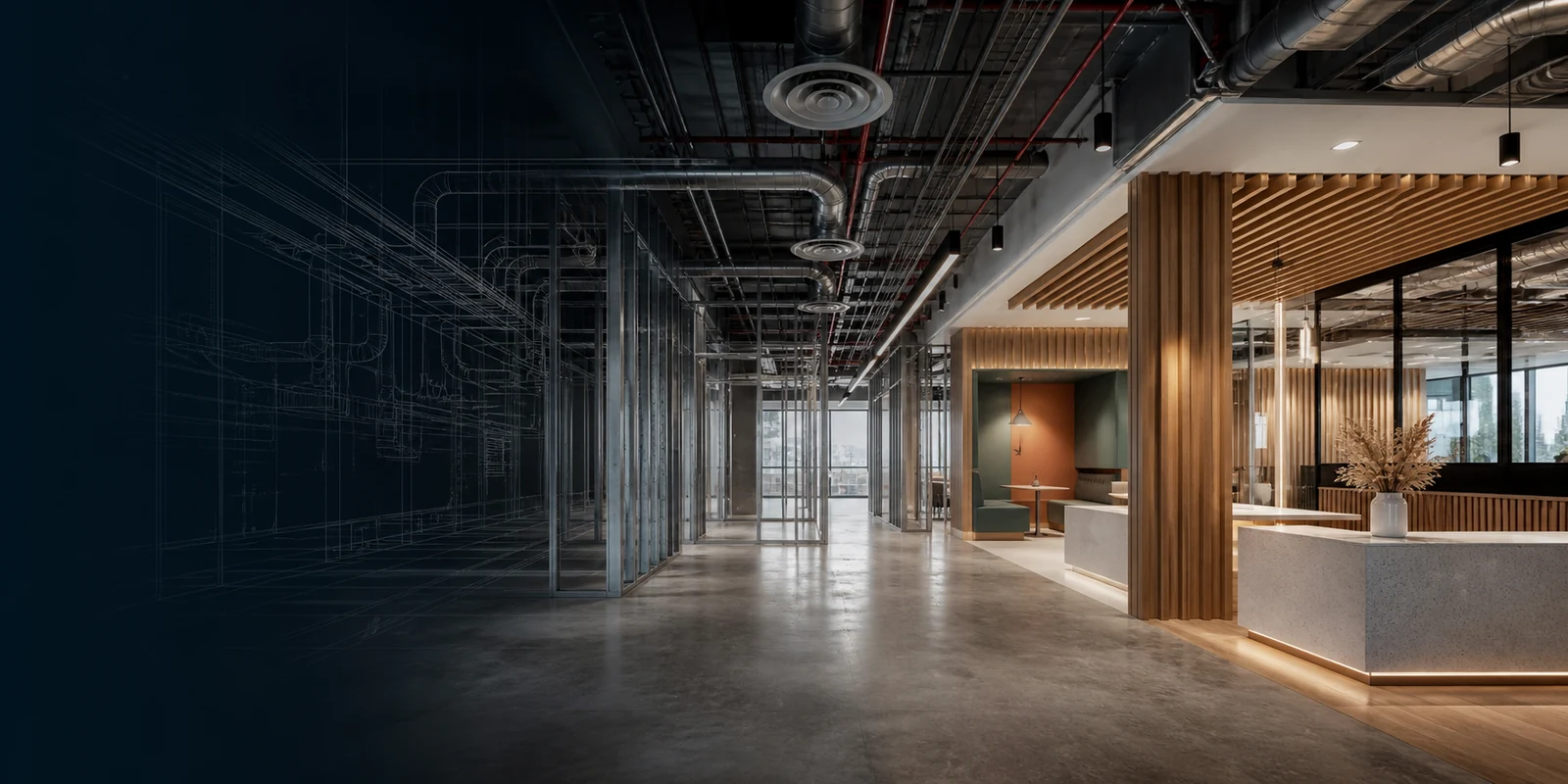 Premium commercial tenant improvement with coordinated architectural, HVAC, plumbing, electrical and blueprint overlay